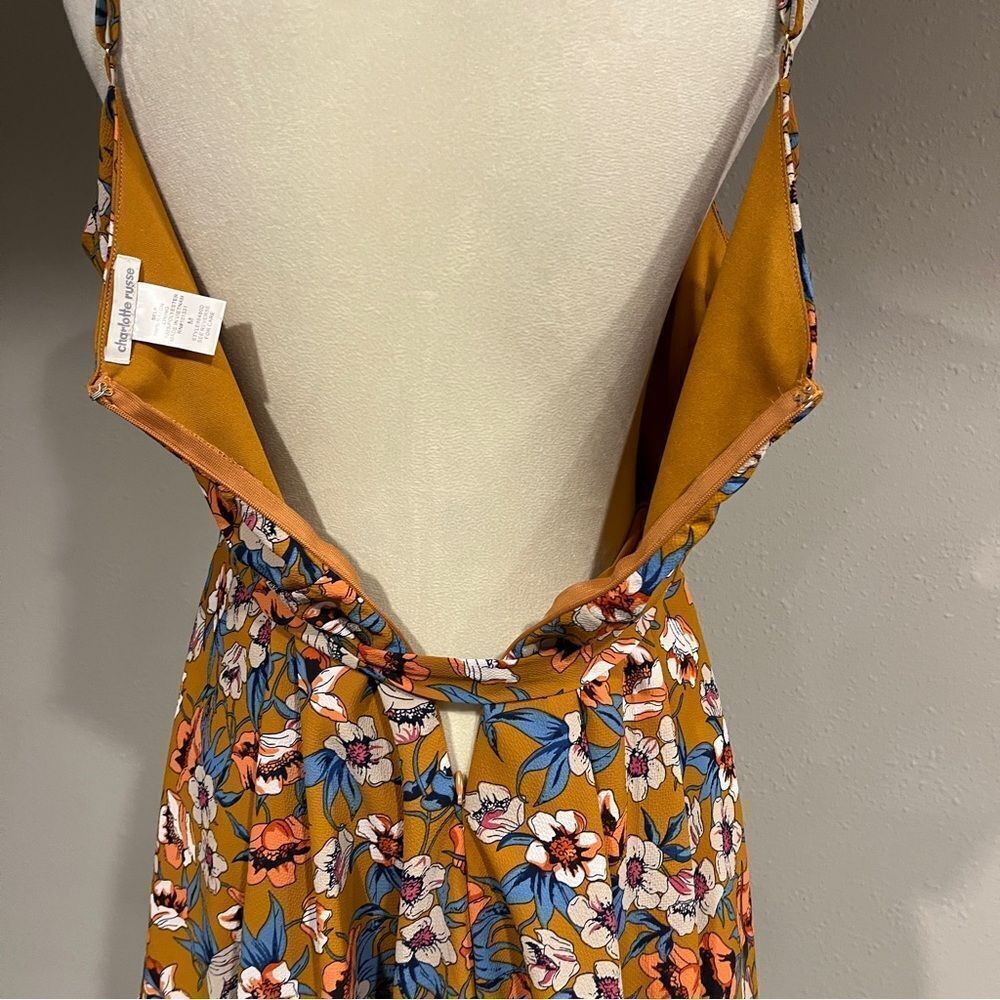 Mustard color Floral fake wrap mini Dress with straps size small - Picture 9 of 14
